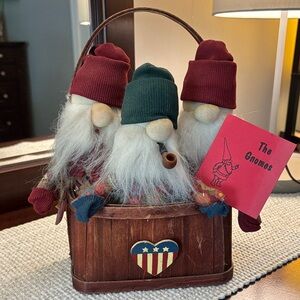 Vintage hand crafted Gnome Trio in Wooden Basket!!